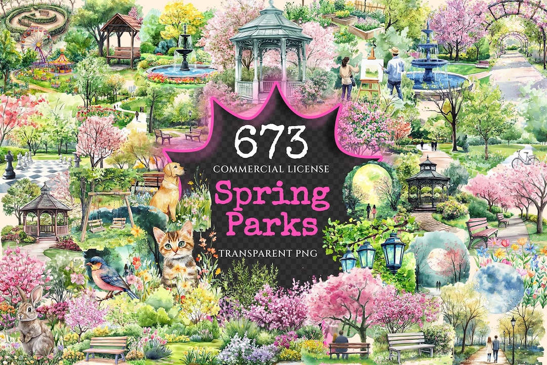 Spring Parks Watercolor Clipart Bundle - 670+ Transparent PNG ...
