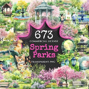Spring Parks Watercolor Clipart Bundle - 670+ transparent PNG, Springtime scenic graphics, Green park png, Commercial use, Digital download