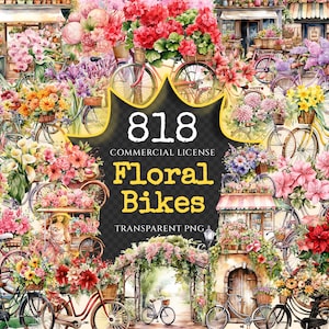 Floral Bikes Watercolor Clipart Bundle - 810+ transparent PNG, Floral accented bicycle images, Flower png, Commercial use, Digital download