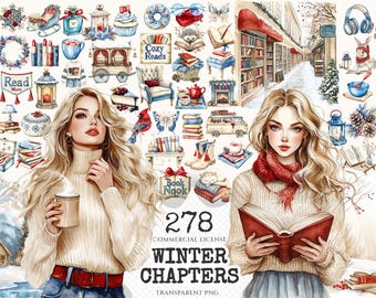 May include: A watercolour illustration with two women and winter-themed elements. The image includes books, reading nooks, and winter scenes. The text "Winter Chapters" is displayed. The image has a cozy, seasonal feel.