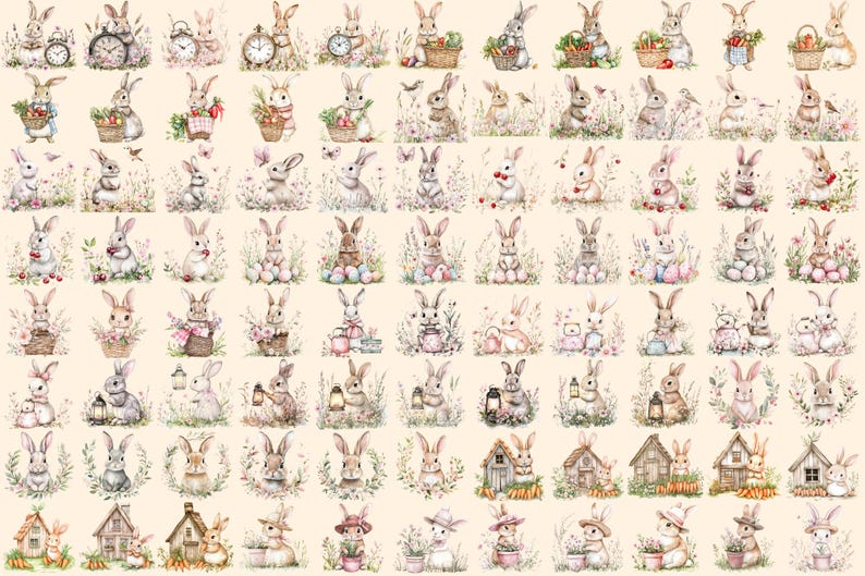 Cottagecore Bunnies Watercolor Clipart Bundle - 594+ transparent PNG, Rustic rabbit graphics, Cute bunny, Commercial use, Digital download