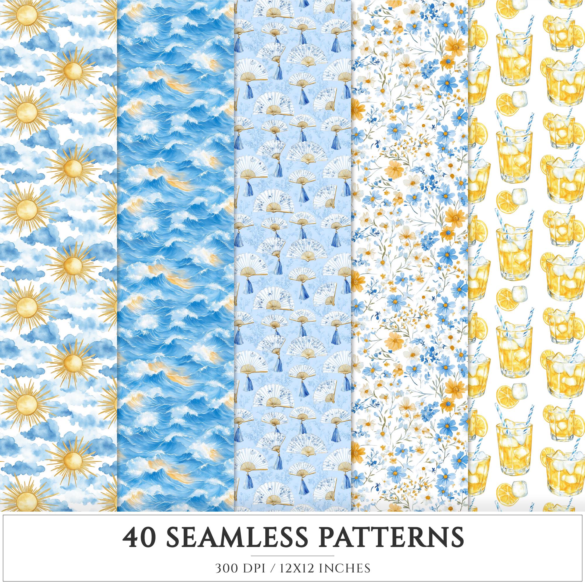 Capri Blue Seamless Patterns, Mediterranean, Seashells, Pampas (digital ...