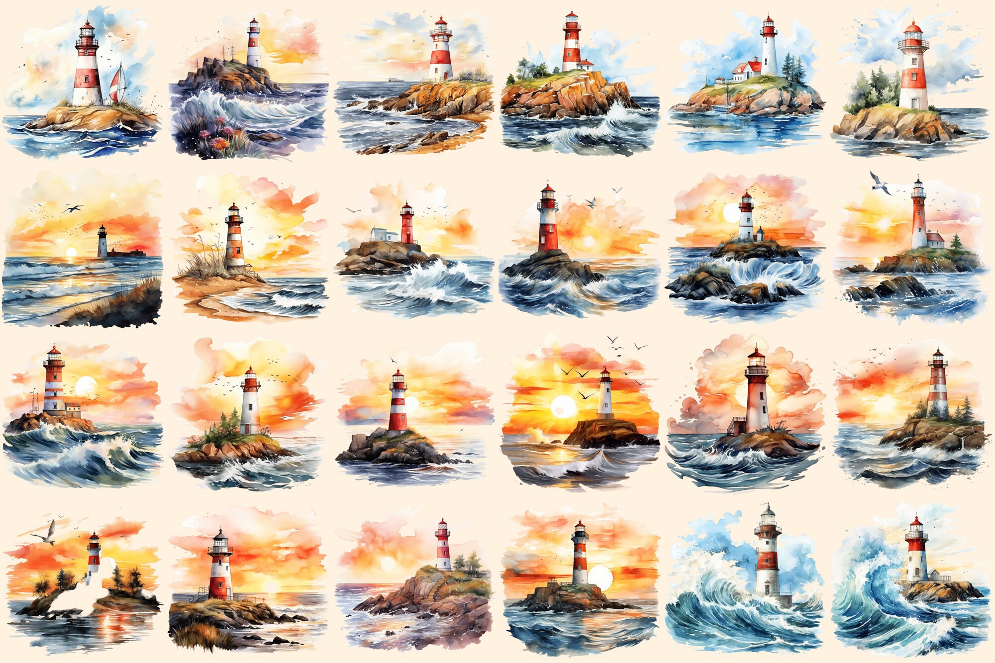 Lighthouses Watercolor Clipart Bundle – 154+ PNG Images (digital ...