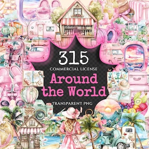 Around the World Watercolor Clipart Bundle - 312+ transparent PNG, Cute travel graphics, Travel png images, Commercial use, Digital download