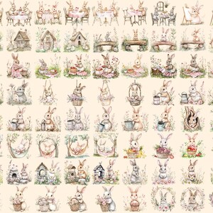 Cottagecore Bunnies Watercolor Clipart Bundle - 594+ transparent PNG, Rustic rabbit graphics, Cute bunny, Commercial use, Digital download
