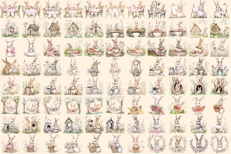 Cottagecore Bunnies Watercolor Clipart Bundle - 594+ transparent PNG, Rustic rabbit graphics, Cute bunny, Commercial use, Digital download