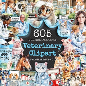 Veterinary Watercolor Clipart Bundle - 600+ transparent PNG, Veterinary care illustrations, Pet health png, Commercial use, Digital download