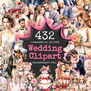 Aquarell Clipart-Paket für Hochzeiten – 428+ transparente PNG-Dateien, Hochzeitsillustrationen, süße Verlobungsgrafiken, kommerzielle Nutzung, digitaler Download