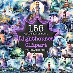 Lighthouses Watercolor Clipart Bundle - 154+ transparent PNG, Coastal views images, Seaside light Graphics, Commercial use, Digital download