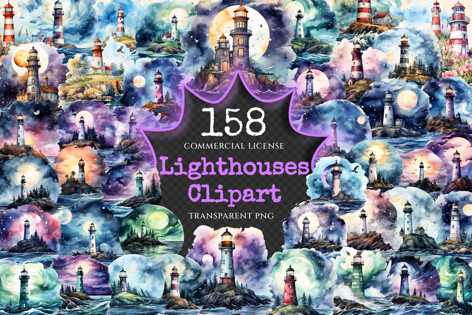 Lighthouses Watercolor Clipart Bundle – 154+ PNG Images (digital ...