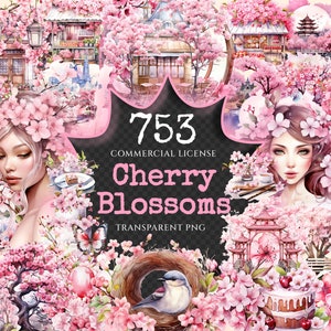 Cherry Blossoms Watercolor Clipart Bundle - 750+ transparent PNG, Japanese flower graphics, Sakura flowers, Commercial use, Digital download