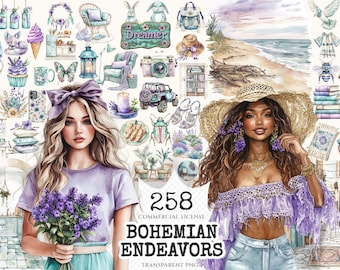 Watercolor Clipart Set – 255+ Bohemian PNG Graphics (Digital Download)