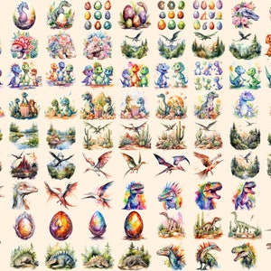 Dinosaurs Watercolor Clipart Bundle - 690+ transparent PNG, Dino graphics, Ancient dinosaur creature png, Commercial use, Digital download