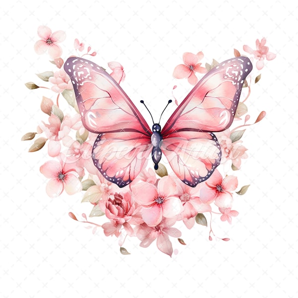 20 High-Quality Pink Floral Butterfly Clipart - Pink butterfly digital watercolor JPG instant download for commercial use - Digital download