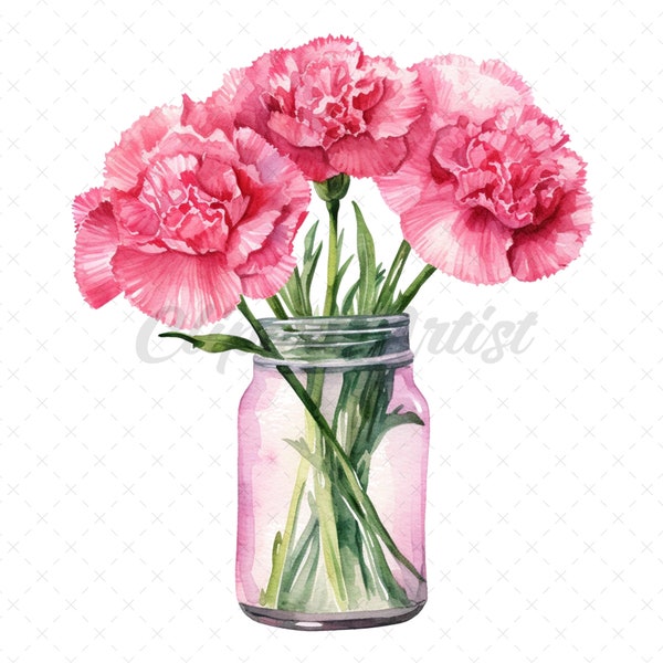 20 High-Quality Pink Carnation Bottle Clipart - Pink carnation digital JPG watercolor instant download for commercial use - Digital download