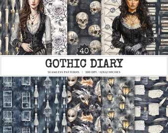 Gothic Halloween Seamless Patterns, Skull, Rose, Haunted (Digital Scrapbook Paper)