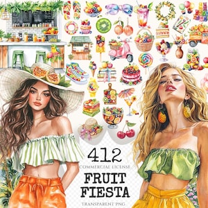 Fruit Fiesta Watercolor Clipart Set - 405+ transparent PNG, Vibrant summer graphics, Juicy fruit images, Commercial use, Digital download