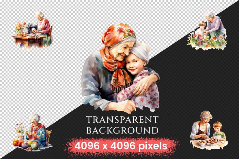 Grandmothers Watercolor Clipart Bundle - 785+ transparent PNG, Warm grandma graphics, Cherished family png, Commercial use, Digital download