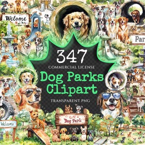 Dog Parks Watercolor Clipart Bundle - 344+ transparent PNG, Pet park illustration, Fun outdoor graphics, Commercial use, Digital download