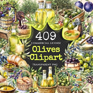 Olives Watercolor Clipart Bundle - 405+ transparent PNG, Mediterranean charm illustrations, Olive images, Commercial use, Digital download