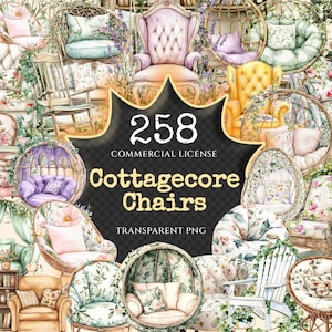 Cottagecore Chairs Watercolor Clipart Bundle - 255+ transparent PNG, Cozy cottage graphics, Rustic chair art,Commercial use,Digital download