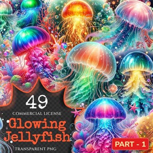 Glowing Jellyfish PNG Clipart Collection - 49 PNG, Underwater creature graphics, Ocean life printables, Commercial use, Digital download
