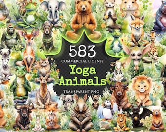 May include: A collection of 583 watercolor illustrations of animals in yoga poses. The animals are depicted in a variety of colors and styles, and they are all set against a white background. The text "583 Commercial License Yoga Animals Transparent PNG" is displayed in the center of the image.