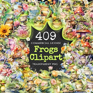 Frogs Watercolor Clipart Bundle - 405+ transparent PNG, Frog illustrations, Lily pad graphics, Toad images, Commercial use, Digital download