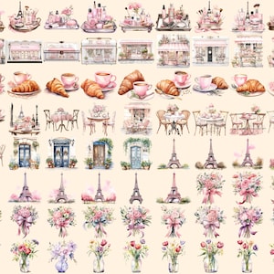 Bonjour Paris Watercolor Clipart Bundle - 575+ transparent PNG, Pink paris graphics, French illustrations, Commercial use, Digital download