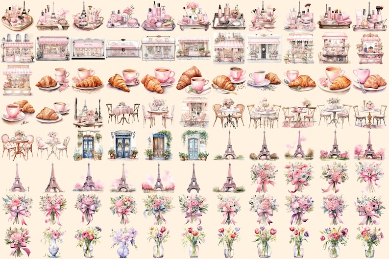 Bonjour Paris Watercolor Clipart Bundle - 575+ transparent PNG, Pink paris graphics, French illustrations, Commercial use, Digital download
