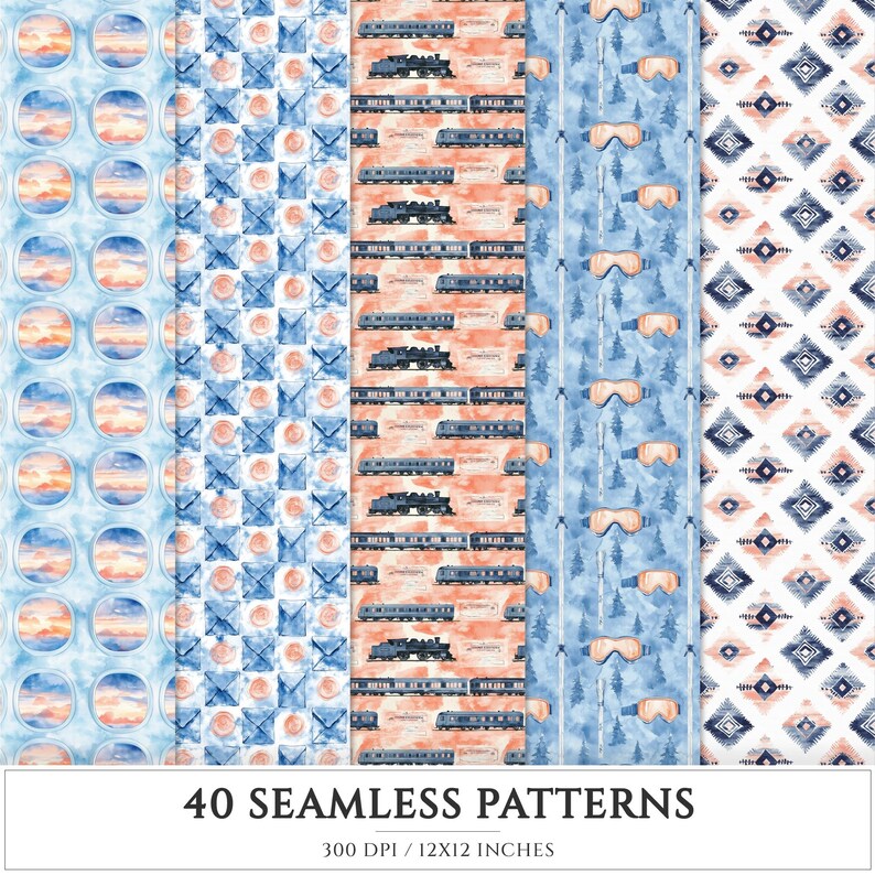 Travel Pattern Paper Winter Expedition Seamless Patterns, Travel Scrapbook Paper (digital ...