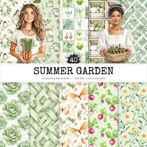 Summer Garden Seamless Patterns, Summer floral JPEG, Gardening pattern, Birds, Gingham, Vegetable repeating pattern, Digital scrapbook paper