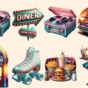 50's Diner Clipart – Retro Graphics PNG Collection (digital Download ...