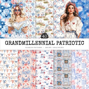 Grandmillennial Patriotic Seamless Patterns, Patriotic JPEG, 4th of july pattern, Red white blue repeating pattern, Digital scrapbook paper