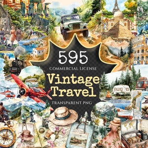 Vintage Travel Watercolor Clipart Bundle - 590+ transparent PNG, Vintage adventure graphics, Travel images, Commercial use, Digital download