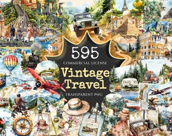 Vintage Travel Watercolor Clipart Bundle – 590+ PNG Graphics (Digital Download)