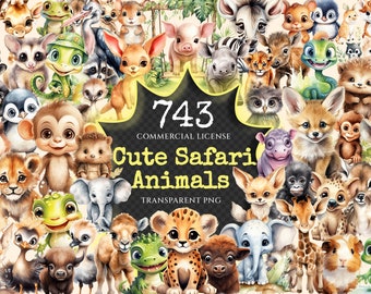 Safari Animals Watercolor Clipart Bundle – 740+ PNG, Commercial Use (Digital Download)
