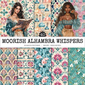 Puede incluir: Patrones digitales sin costuras con temática Alhambra morisca. La imagen presenta ilustraciones en acuarela de mujeres, elementos arquitectónicos y diseños florales. El texto dice "Moorish Alhambra Whispers" y "Seamless Patterns | 300 DPI / 30.48x30.48 cm."