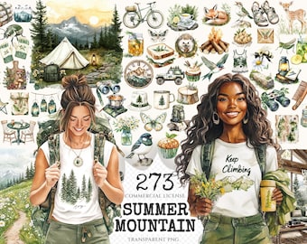 Watercolor Mountain Clipart Set – Summer Trekking Graphics (Digital Download)