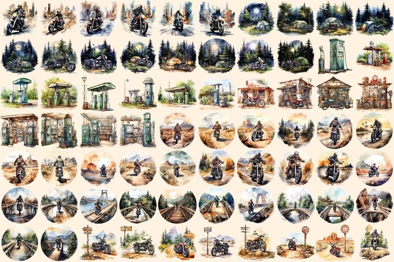 Bikers Watercolor Clipart Bundle - 480+ transparent PNG, Road warrior enthusiast illustrations, Motorbike, Commercial use, Digital download