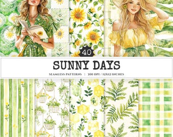 Sunflower Seamless Patterns, Summer Floral Gingham, Scrapbook Paper (Digital Download)