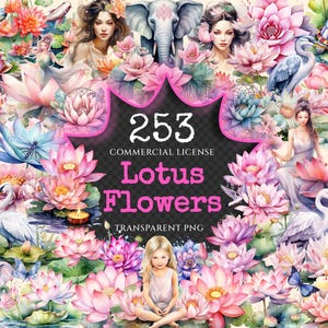 Lotus Flowers Watercolor Clipart Bundle - 250+ transparent PNG, Stunning flower graphics, Blossom images, Commercial use, Digital download