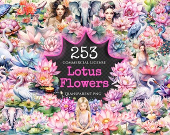 Watercolor Lotus Flowers Clipart – 250+ PNG Graphics (Digital Download)