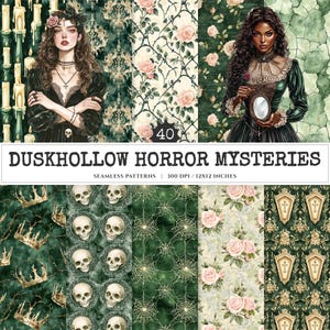 Duskhollow Horror Mysteries Seamless Patterns, Gothic halloween JPEG,  Skull pattern, Gothic rose repeating pattern, Digital scrapbook paper