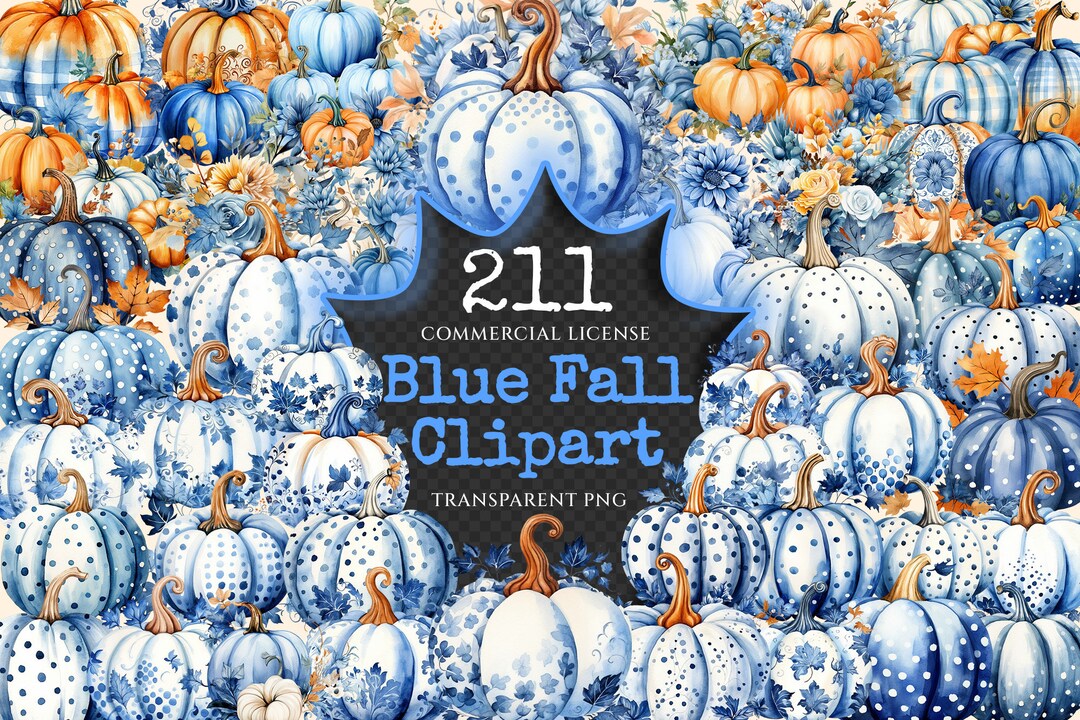 Blue Fall Watercolor Clipart – Pumpkin Floral Graphics (digital ...