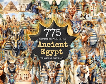 Ancient Egypt Watercolor Clipart Bundle - 770+ transparent PNG, Egyptian illustrations, Pharaohs graphics, Commercial use, Digital download