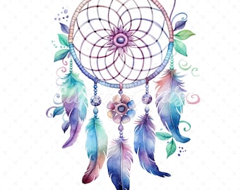 Watercolor Dreamcatcher Clipart – Boho Feather Illustrations (Digital Download)