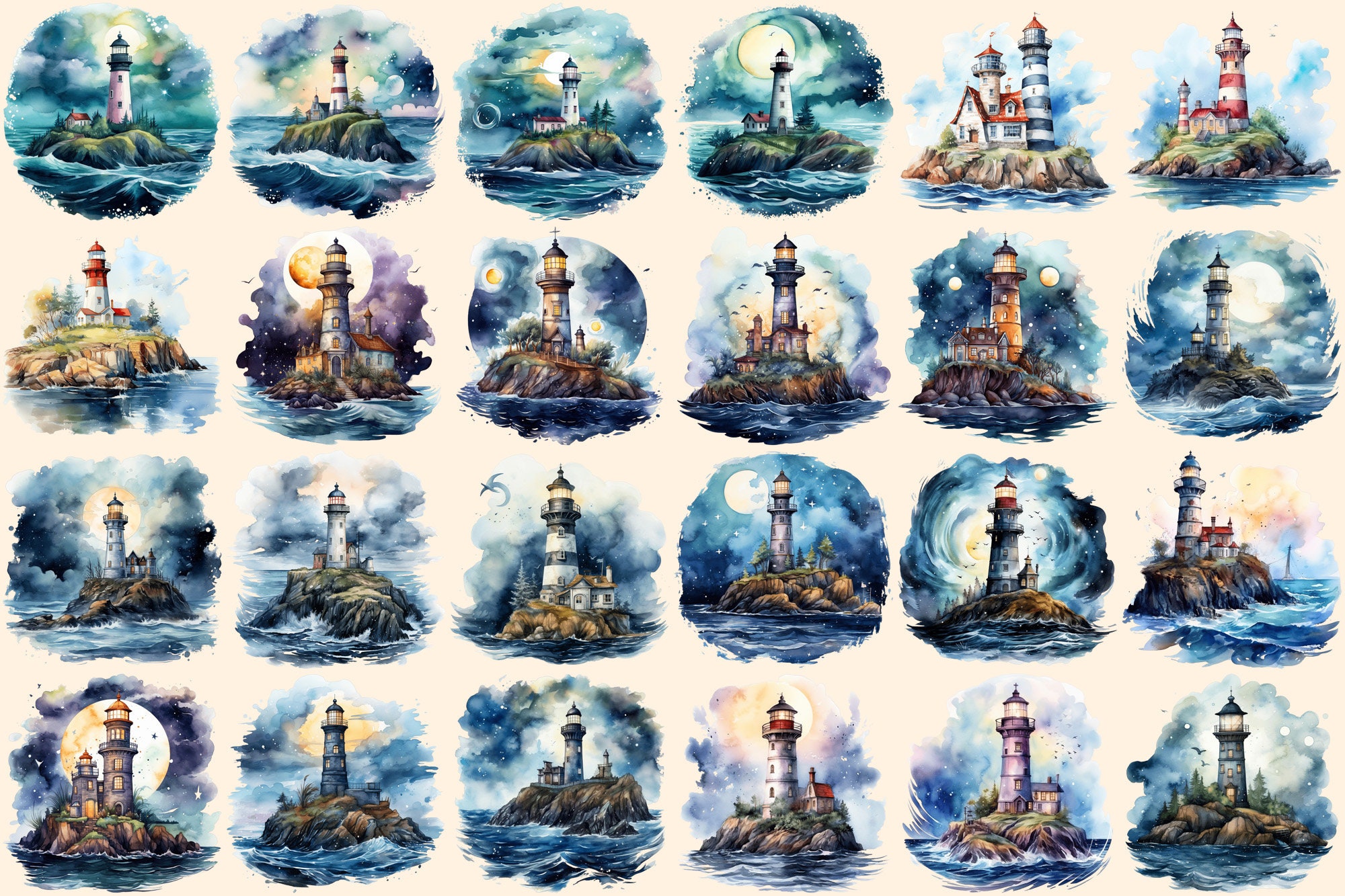 Lighthouses Watercolor Clipart Bundle – 154+ PNG Images (digital ...