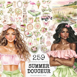 Summer Douceur Watercolor Clipart Set - 255+ transparent PNG, Stylish summer illustrations, Bloomy images, Commercial use, Digital download
