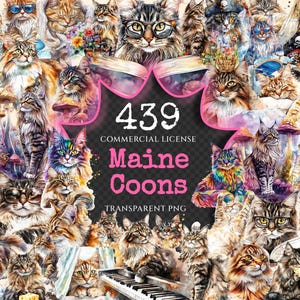 Maine Coons Watercolor Clipart Bundle - 435+ transparent PNG, Elegant maine coon graphics, Regal cat images, Commercial use,Digital download